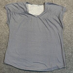 Notations Womens Navy‎ White Striped Cap Sleeve V-Neck Blouse Top Size M